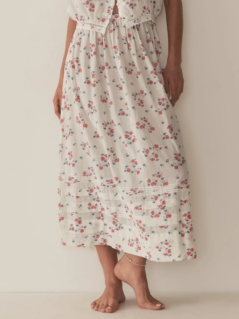 Doen Marcie Cotton Pintuck A Line Midi Maxi Skirt Poppy Fields White Red Floral